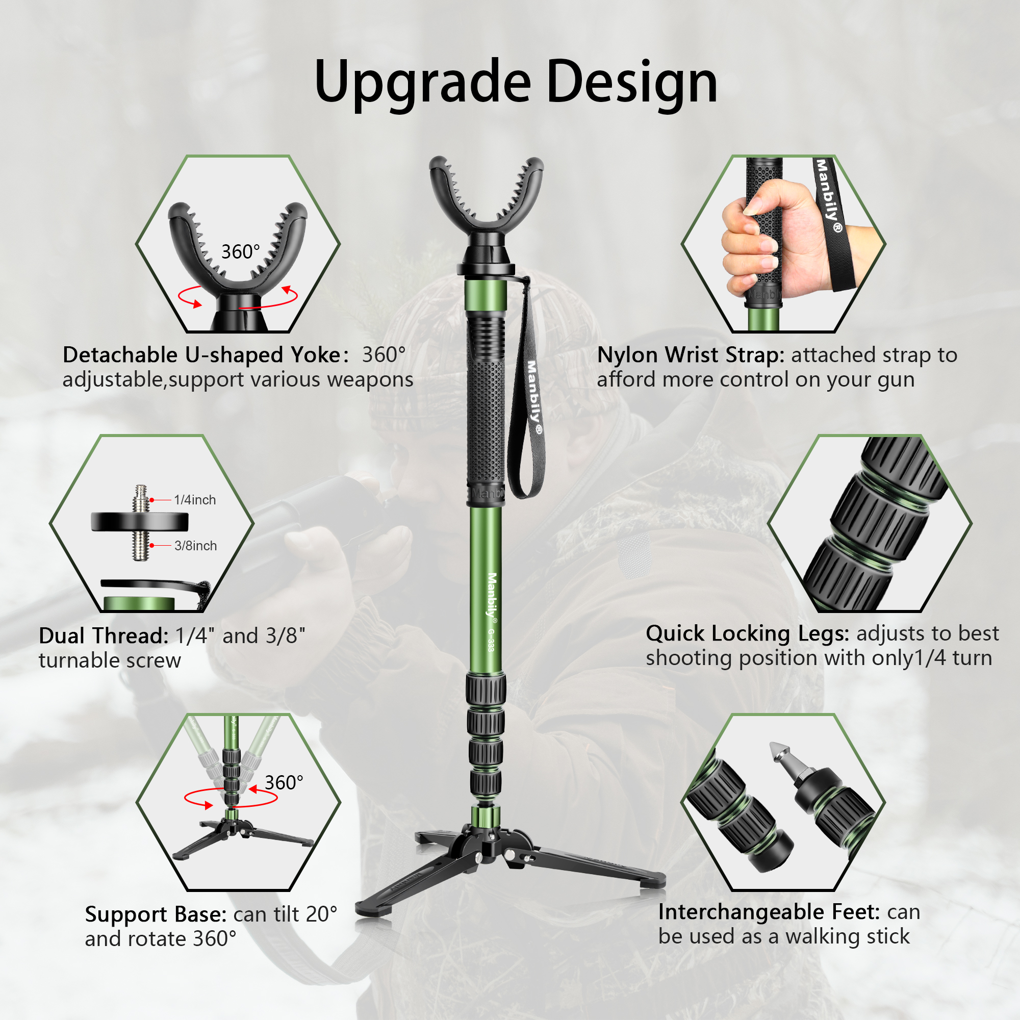 G-333 Portable Aluminum Outdoor Gun Bracket Hunting Telescopic Shooting Stick V Shaped Rotating Yoke Tripod