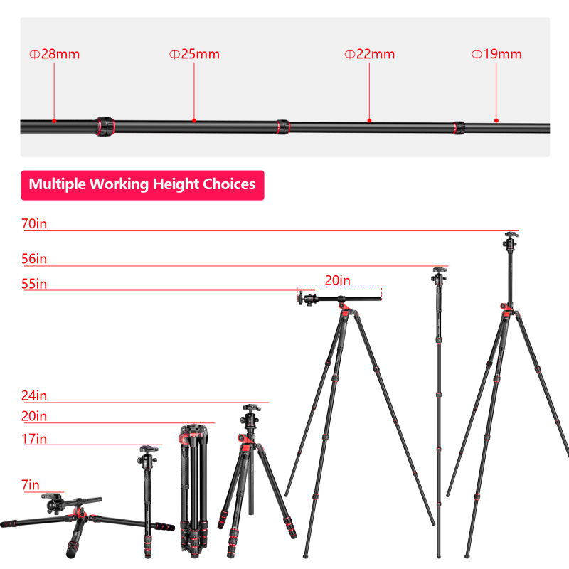 Manbily FPT-284 Aluminium tripod Horizontal Center Column Camera Tripod, with Ball Head Tripod Stand for DSLR