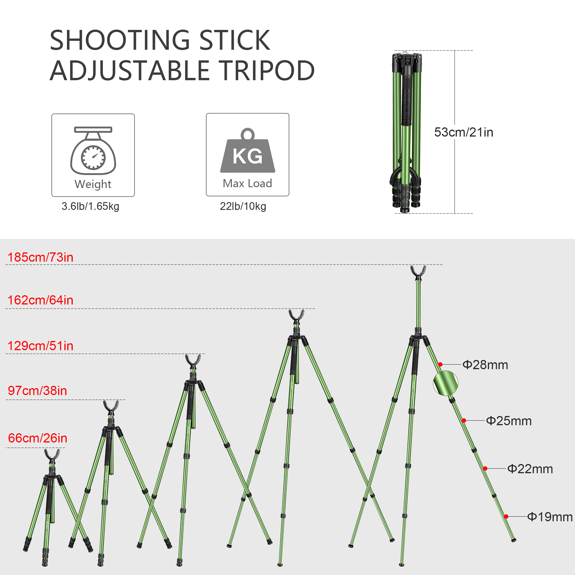 Manbily 73 Inches Adjustable Aluminum Hunting tripod Shooting Stick Tripod Shooting Rest with U Shaped Yoke