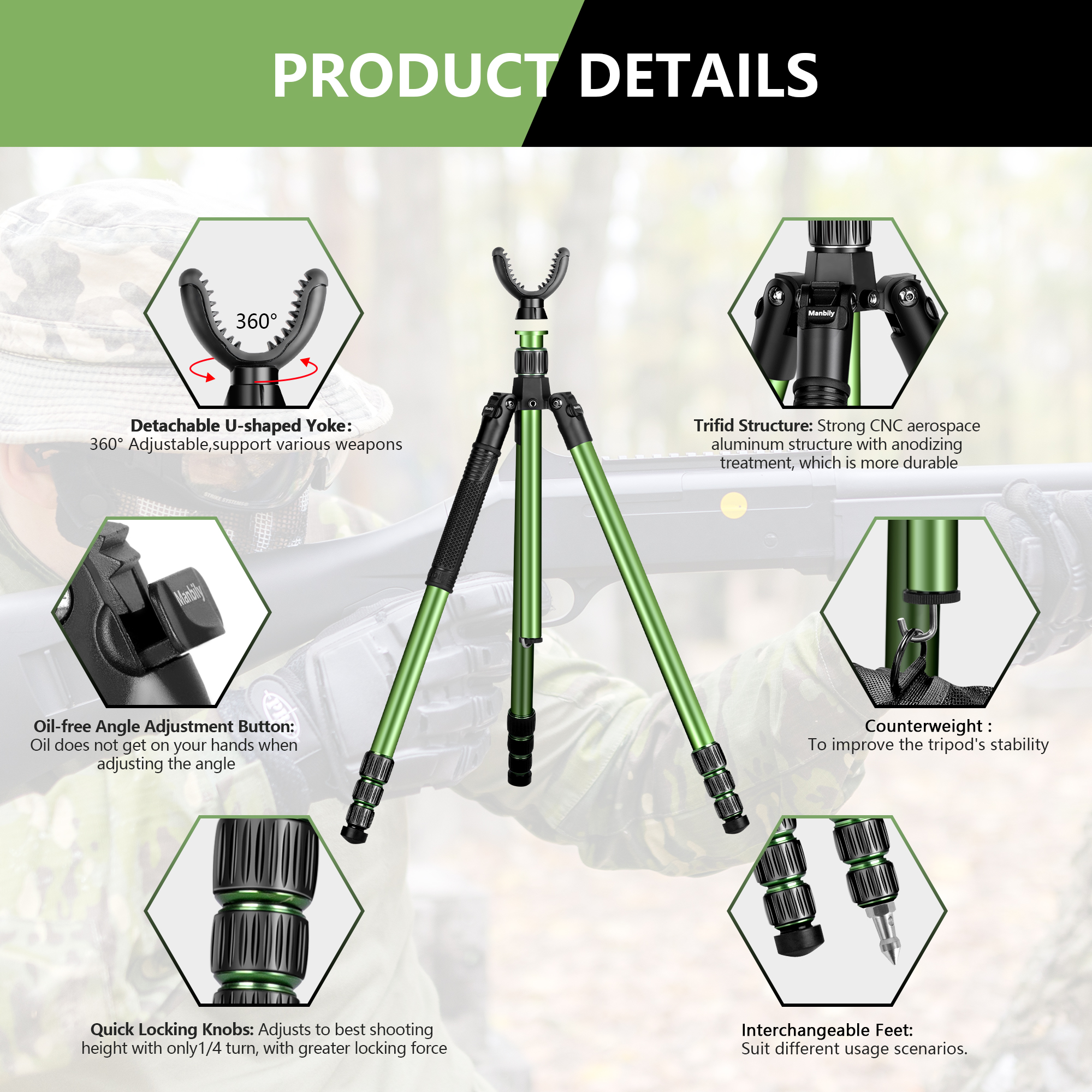 Manbily 73 Inches Adjustable Aluminum Hunting tripod Shooting Stick Tripod Shooting Rest with U Shaped Yoke