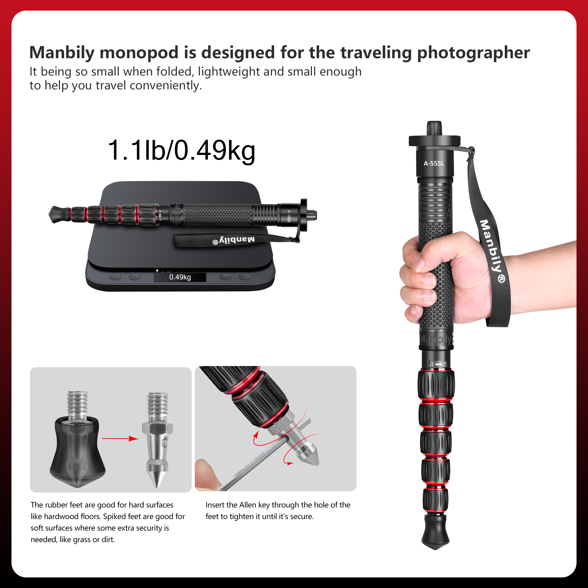 Manbily Camera Monopod Aluminum Portable Compact Lightweight Travel Monopod with Carrying Bag Walking Stick Handle,for DSLR Canon Nikon Sony Video Camcorder,6 Sections up to 61-in