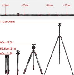 MC-284 Carbon Fiber Tripod, Manbily 68 Inches Camera Tripod Stand with 360 Degree Ball Head,Heavy Duty Tripod with Quick Release Plate and Bag Compatible with Canon Nikon Sony Camcorder Phone