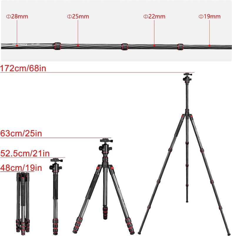 MC-284 Carbon Fiber Tripod, Manbily 68 Inches Camera Tripod Stand with 360 Degree Ball Head,Heavy Duty Tripod with Quick Release Plate and Bag Compatible with Canon Nikon Sony Camcorder Phone