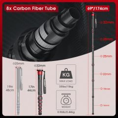 Manbily Camera Monopod, C-666L 32mm Tube Carbon Fiber Monopod with Walking Stick Handle, Portable Compact Lightweight Travel Monopod for DSLR Cameras Canon Sony Nikon