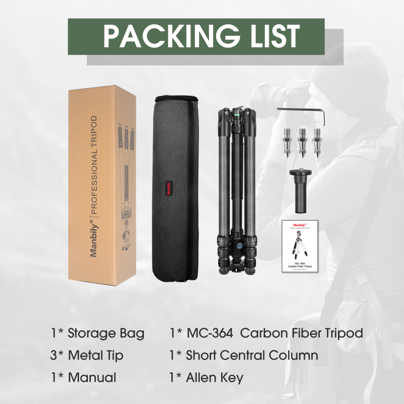 Manbily MC-364 Professional Heavy Duty Carbon Fiber Tripod Video Camera Tripods