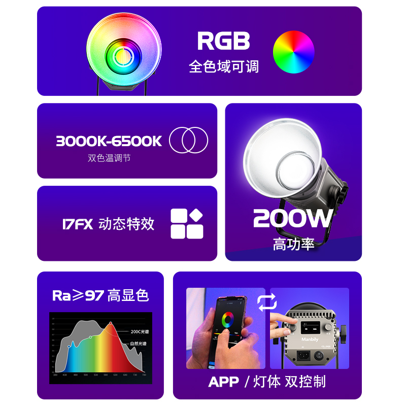 曼比利CFL-200C全彩视频直播间补光灯 rgb氛围通透摄影灯