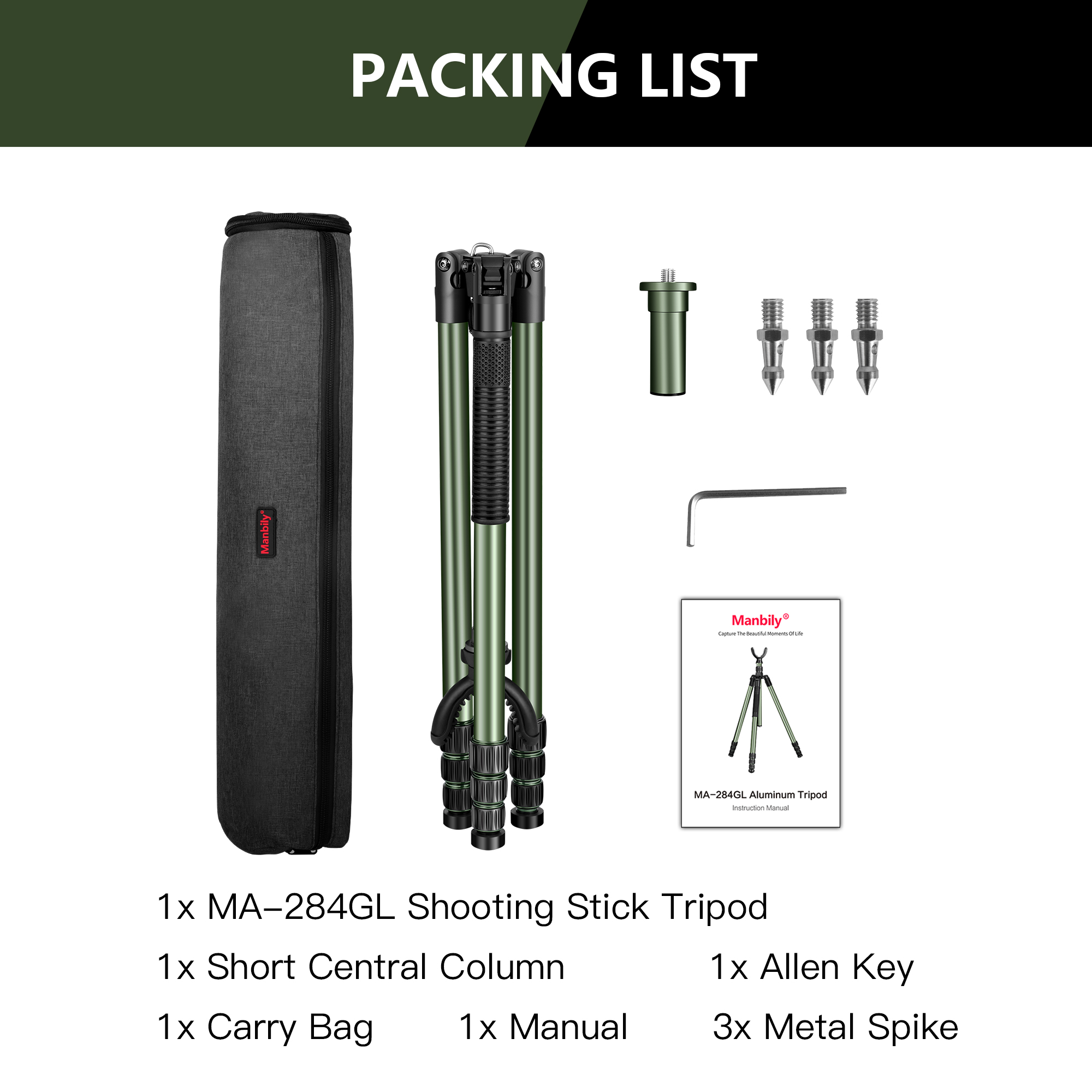 Manbily MA-284GL Adjustable Shooting Stick for Hunting Adjustable Height Stable Rest Shooting Hunting Tripod