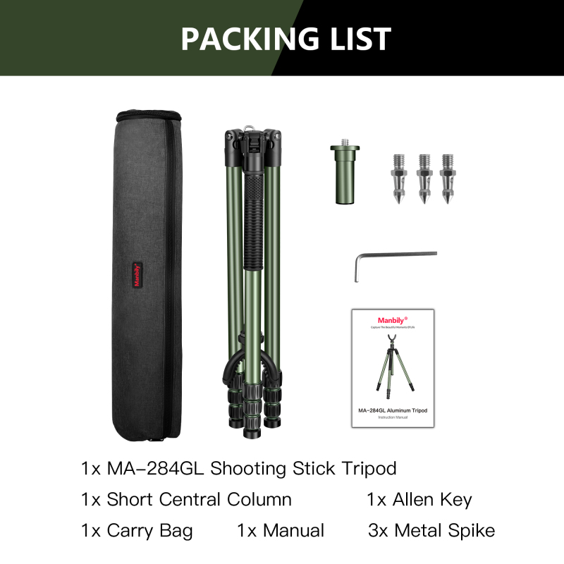 Manbily MA-284GL Adjustable Shooting Stick for Hunting Adjustable Height Stable Rest Shooting Hunting Tripod