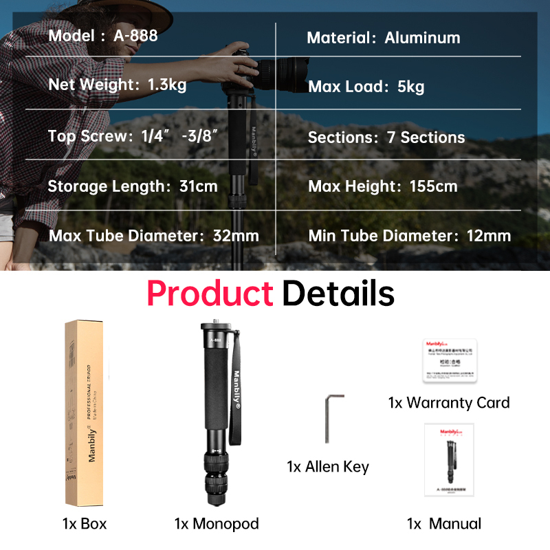 Manbily A-888 Aluminum Telescopic Monopod 3-in-1 Extendable Combination Pole Travel Mini Selfie Stick