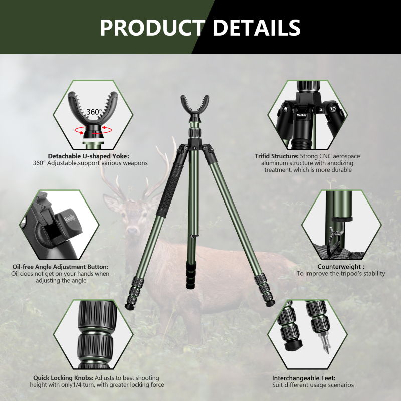 Manbily MA-284GL Adjustable Shooting Stick for Hunting Adjustable Height Stable Rest Shooting Hunting Tripod