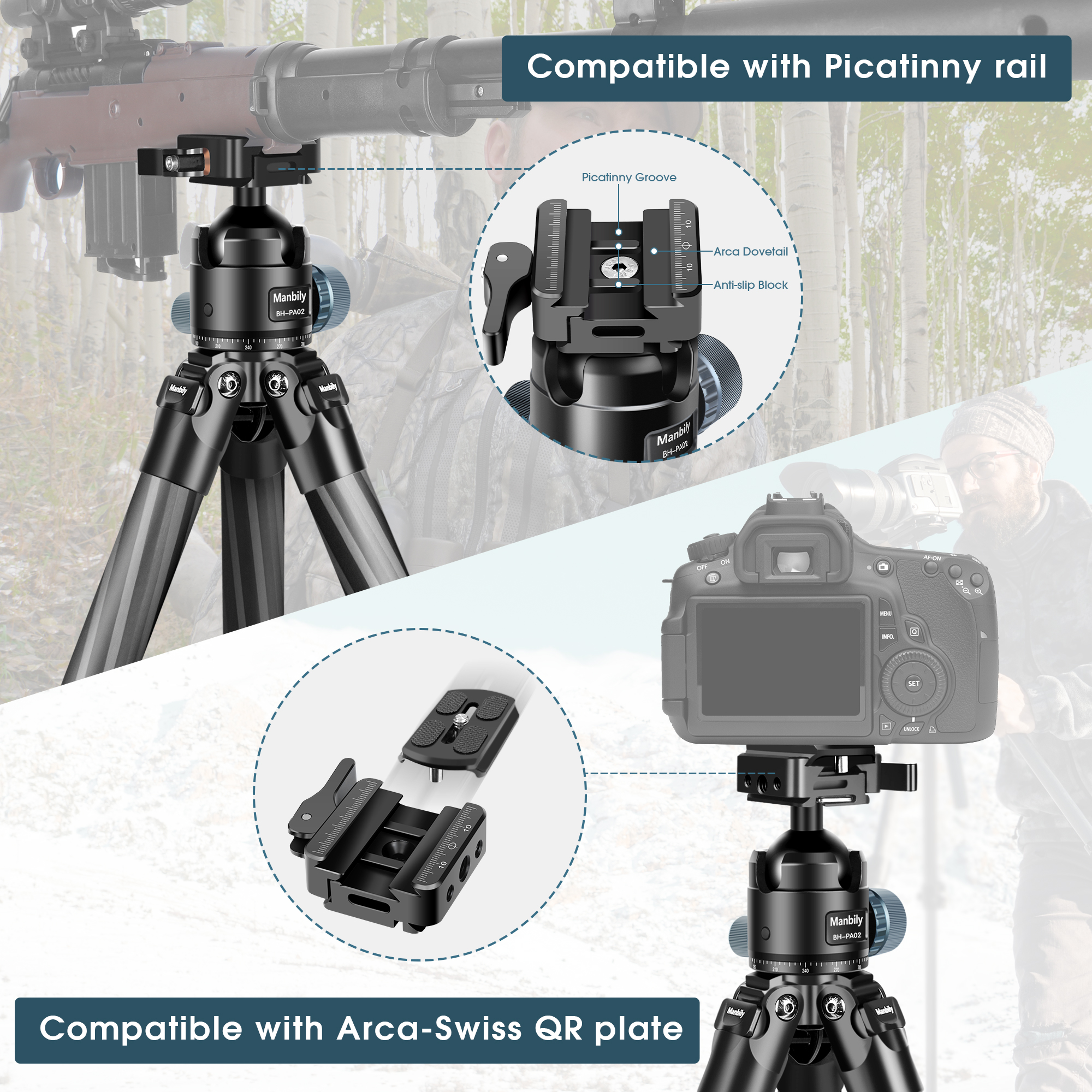 Manbily WZ-324PA Tripod for Shooting & Camera with Picatinny to Arca Swiss Adapter 360° Ball Head Set for Hunting