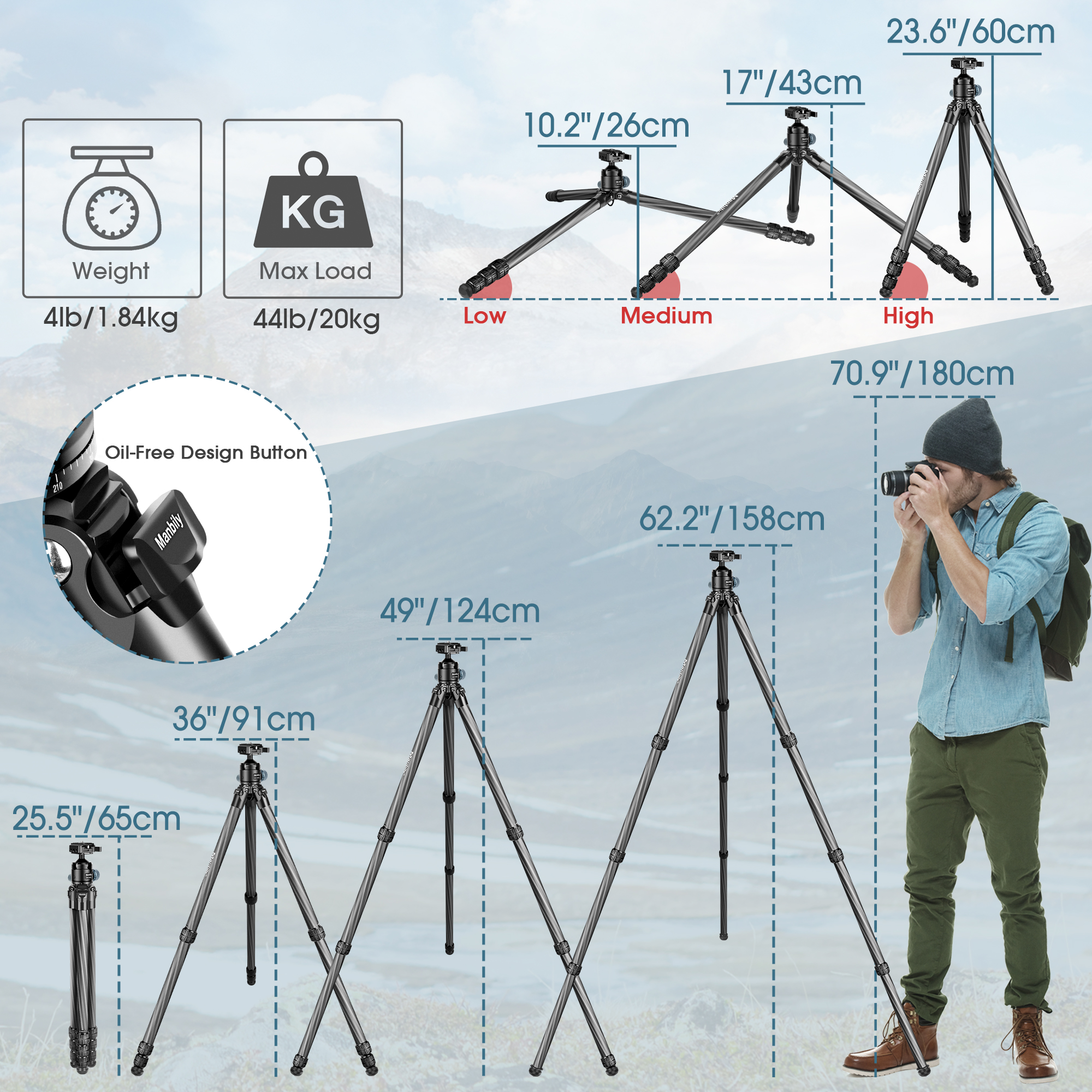 Manbily WZ-324PA Tripod for Shooting & Camera with Picatinny to Arca Swiss Adapter 360° Ball Head Set for Hunting