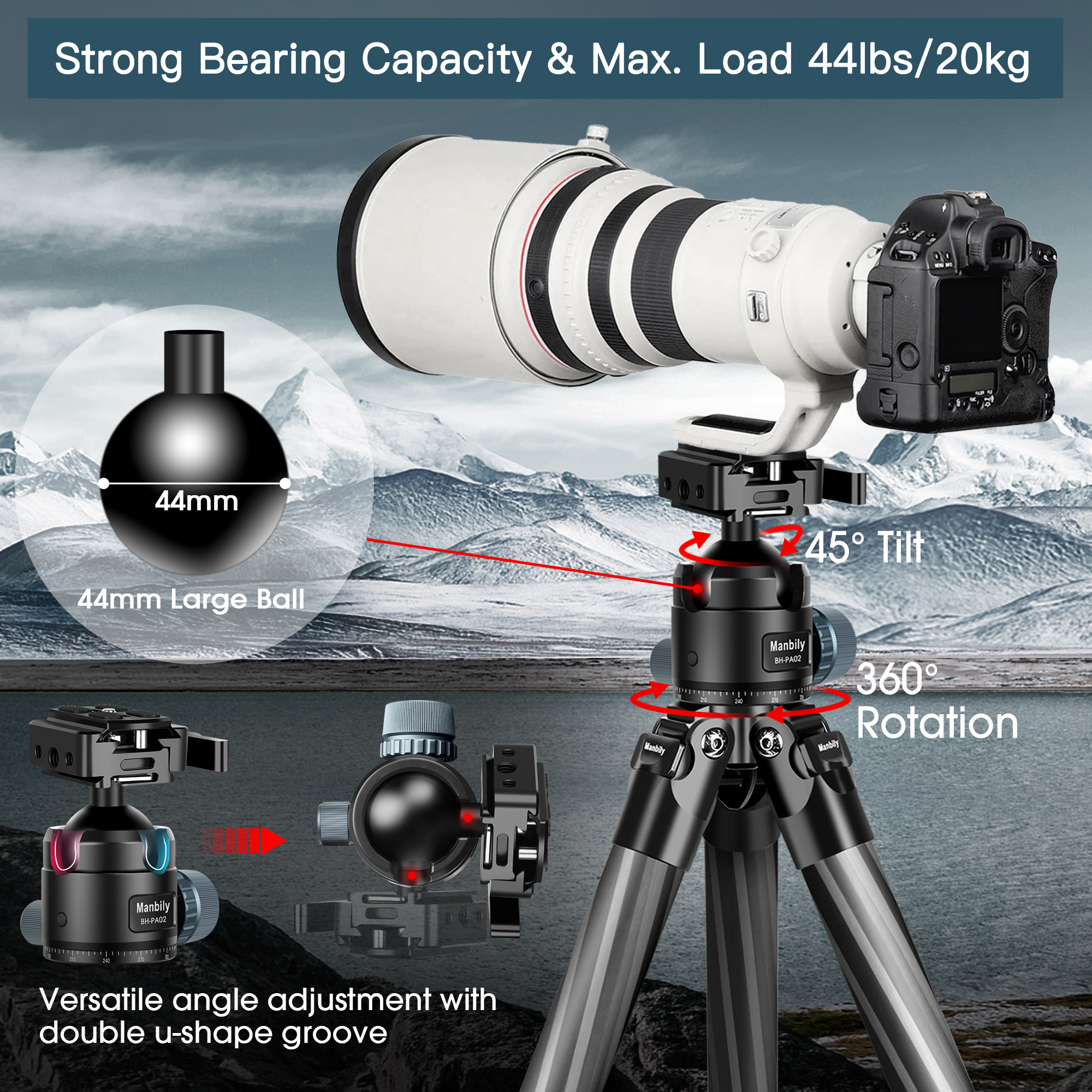 Manbily WZ-324PA Tripod for Shooting & Camera with Picatinny to Arca Swiss Adapter 360° Ball Head Set for Hunting