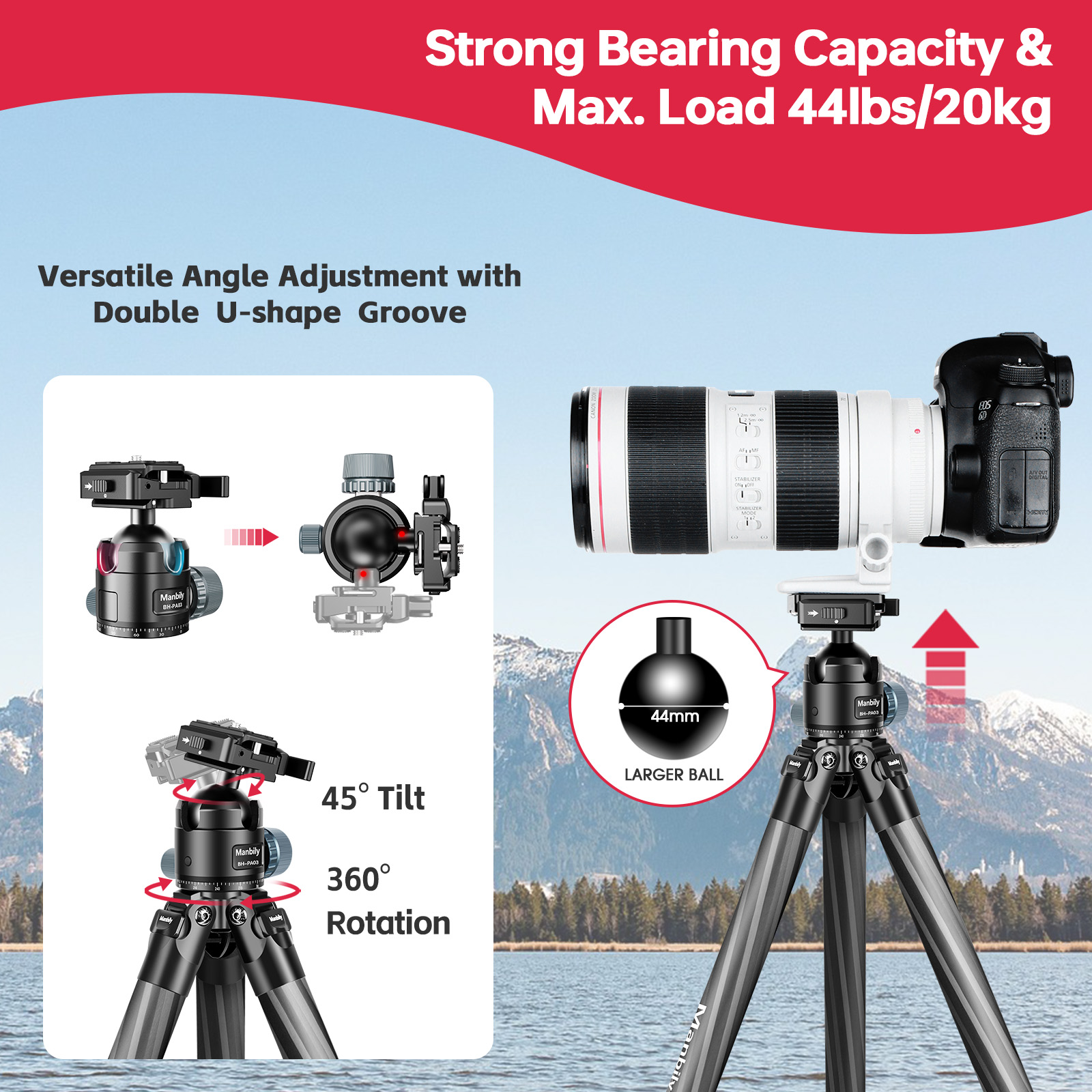 Manbily Hunt Shooting Tripod Outdoor & Camera Arca Swiss Adapter 360° Ball Head Holder WZ-324+PA03