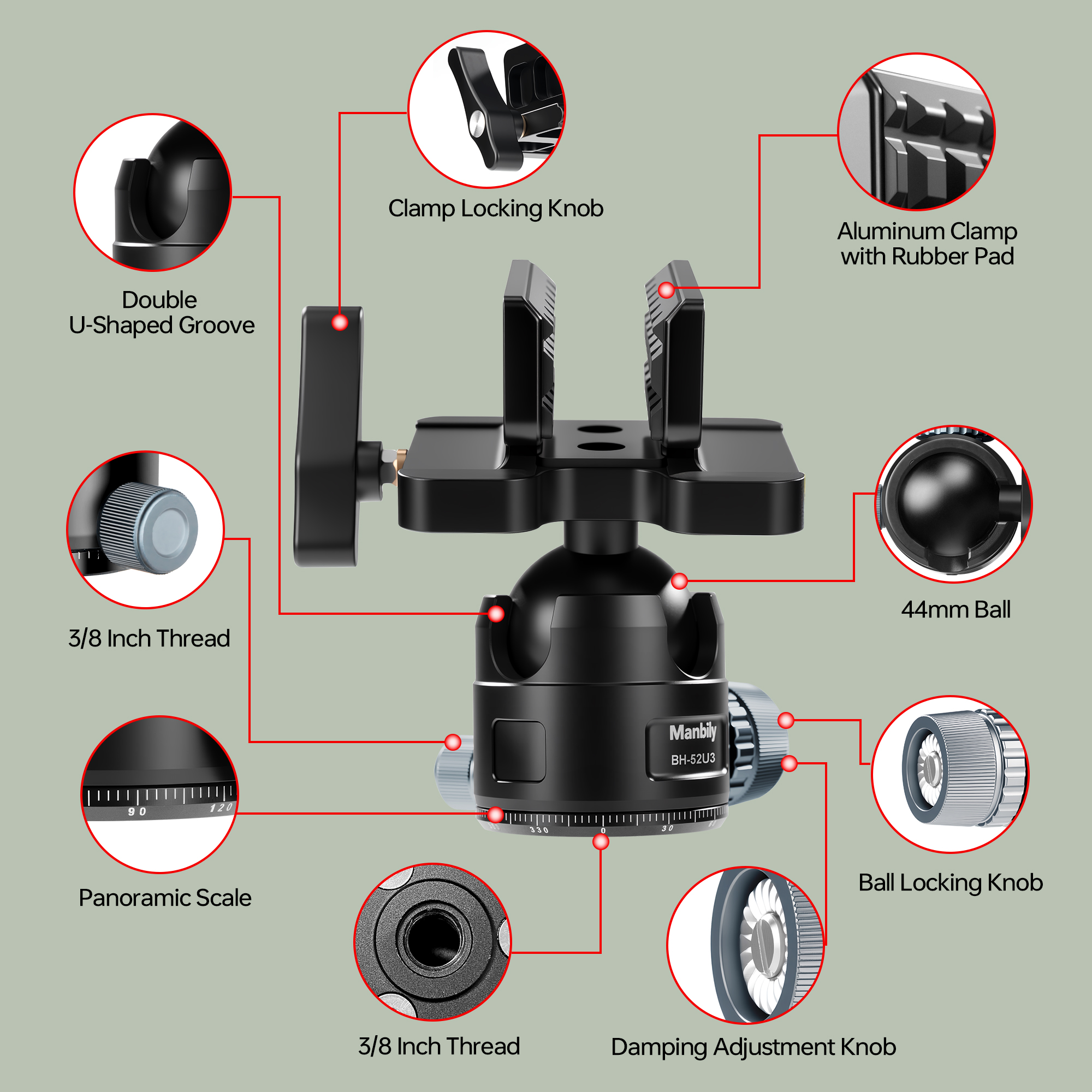 BH-52 U3 Manbily Heavy Duty Aluminum Gun Clamp 52MM Ball Head for Hunting Tripod Mount Shooting Stick Rest