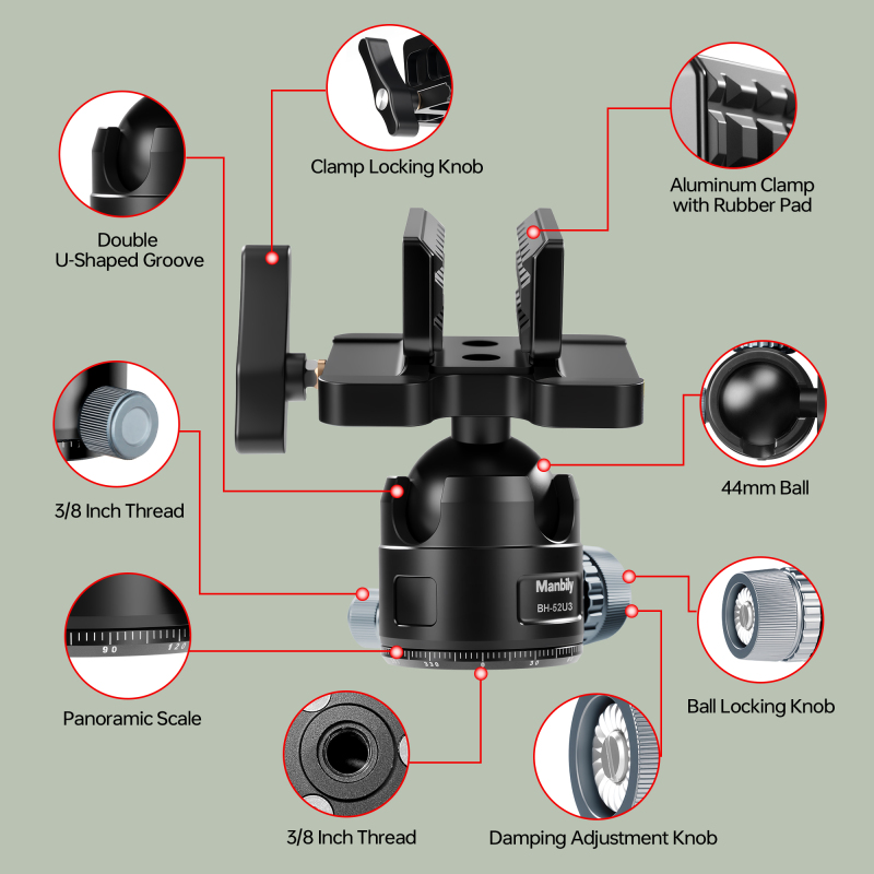 BH-52 U3 Manbily Heavy Duty Aluminum Gun Clamp 52MM Ball Head for Hunting Tripod Mount Shooting Stick Rest