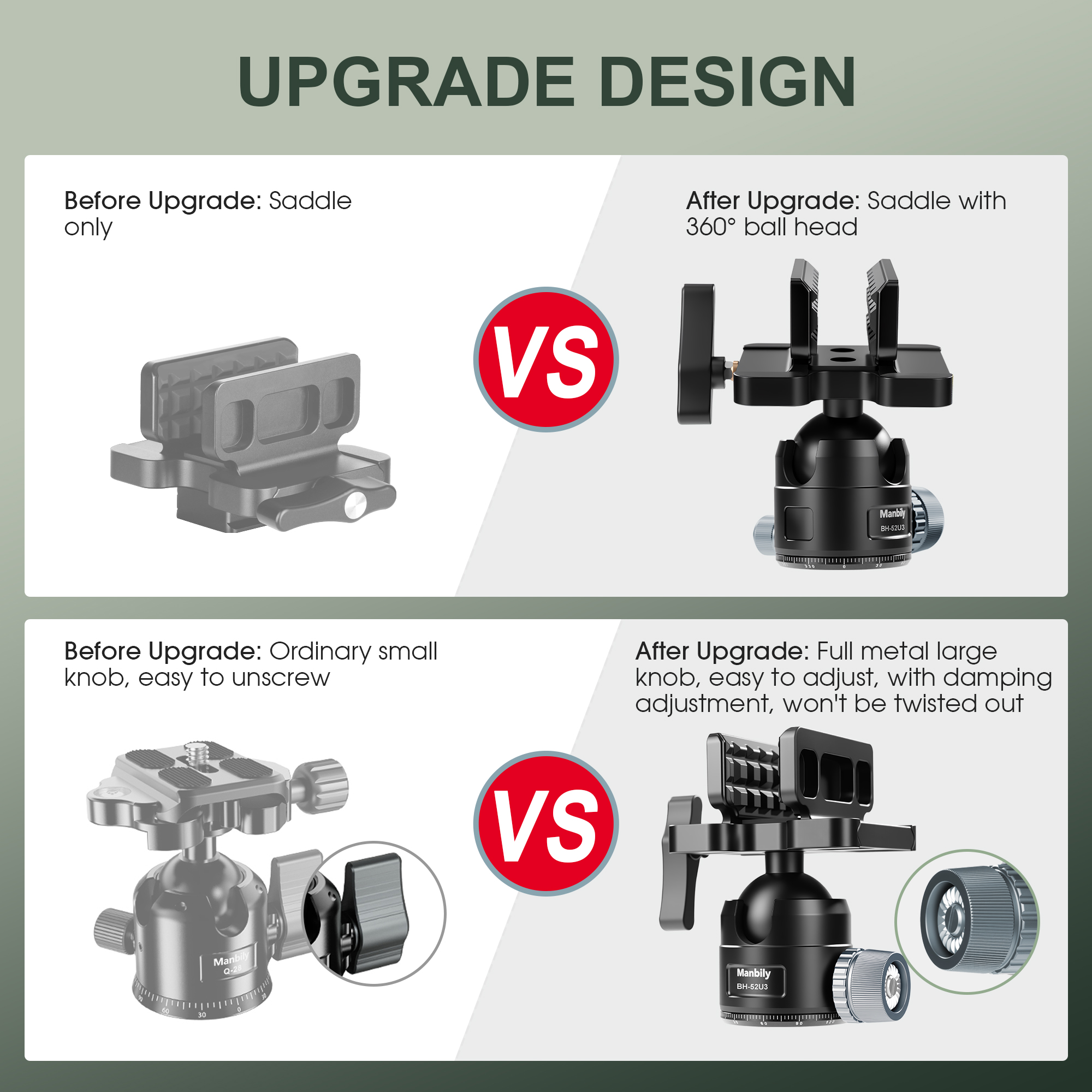 BH-52 U3 Manbily Heavy Duty Aluminum Gun Clamp 52MM Ball Head for Hunting Tripod Mount Shooting Stick Rest