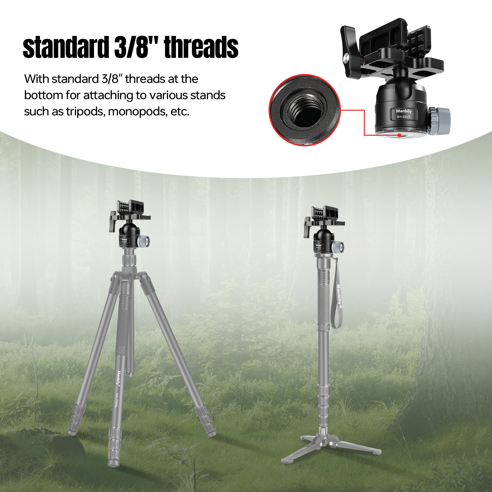 BH-52 U3 Manbily Heavy Duty Aluminum Gun Clamp 52MM Ball Head for Hunting Tripod Mount Shooting Stick Rest