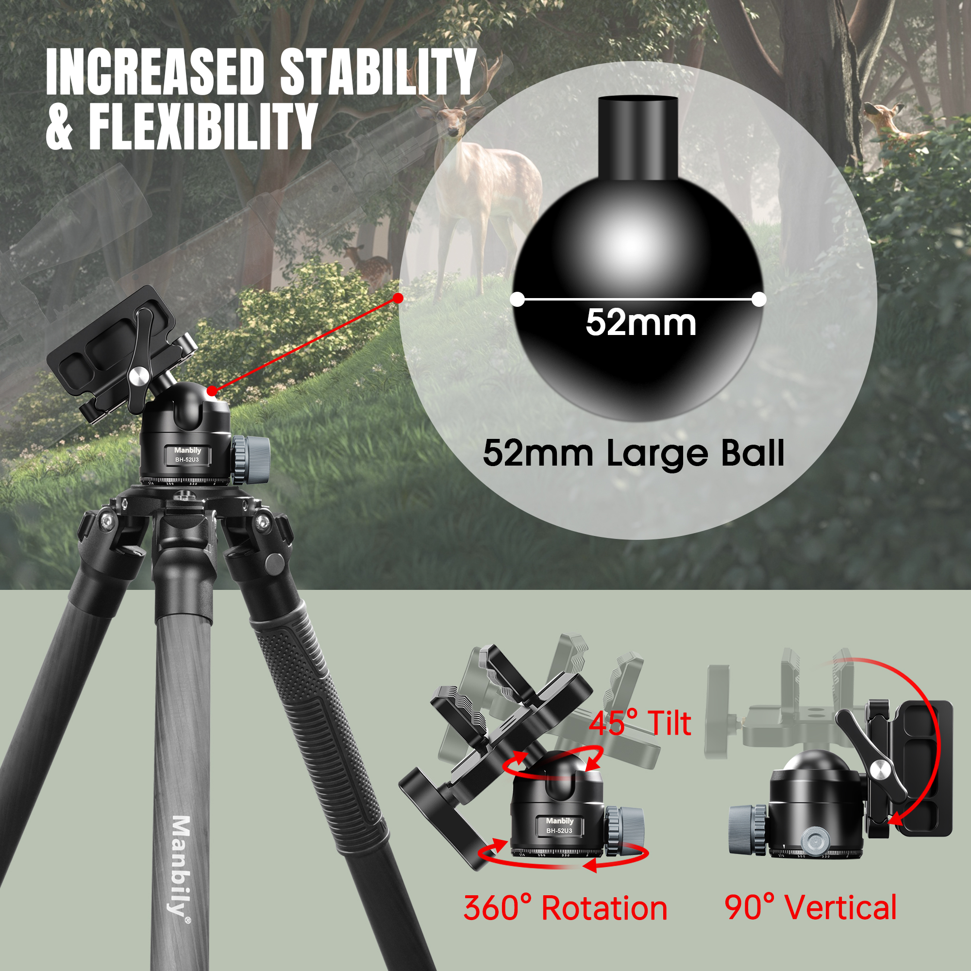 BH-52 U3 Manbily Heavy Duty Aluminum Gun Clamp 52MM Ball Head for Hunting Tripod Mount Shooting Stick Rest