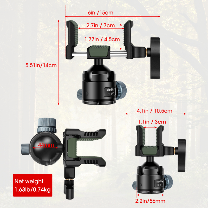 Manbily Professional Aluminum Gun Silicone Clamp Double Lock Ball Head for Hunting Tripod Mount Shooting Stick Rest BH-U7