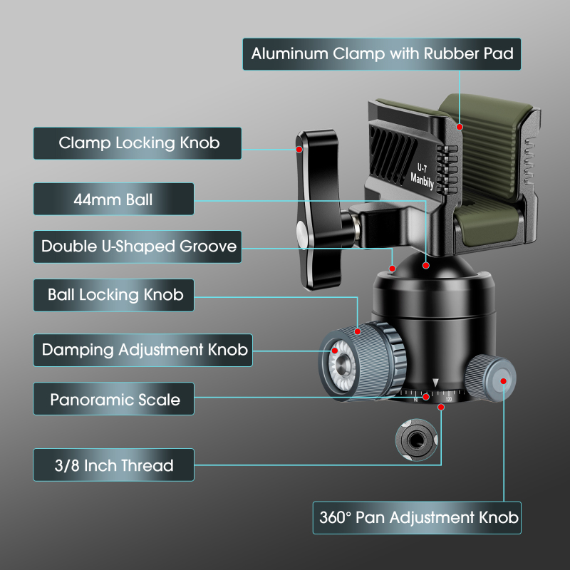 Manbily Professional Aluminum Gun Silicone Clamp Double Lock Ball Head for Hunting Tripod Mount Shooting Stick Rest BH-U7