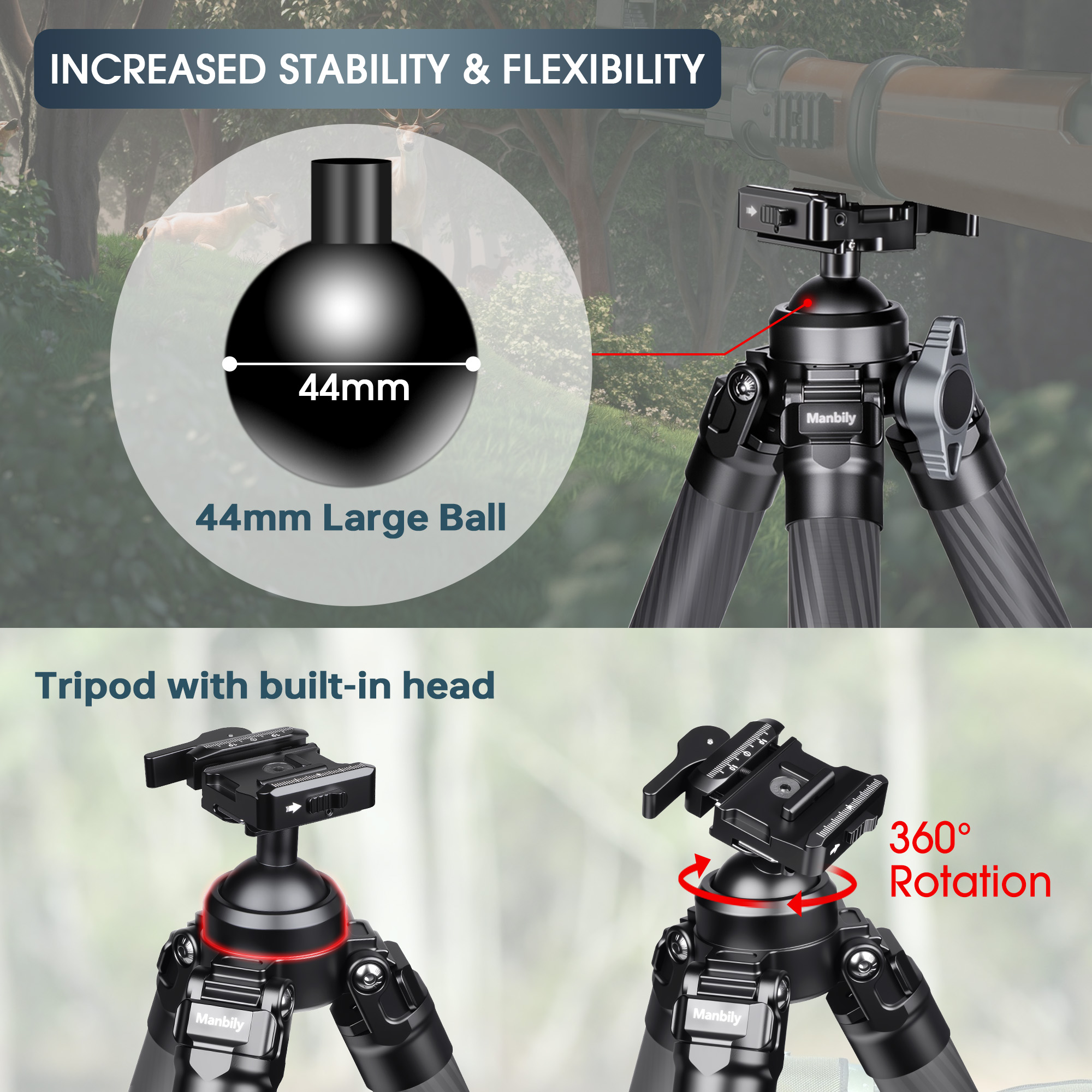 Manbily TS-364PA Shooting Tripod for Hunting Outdoor Shooting Carbon Fiber