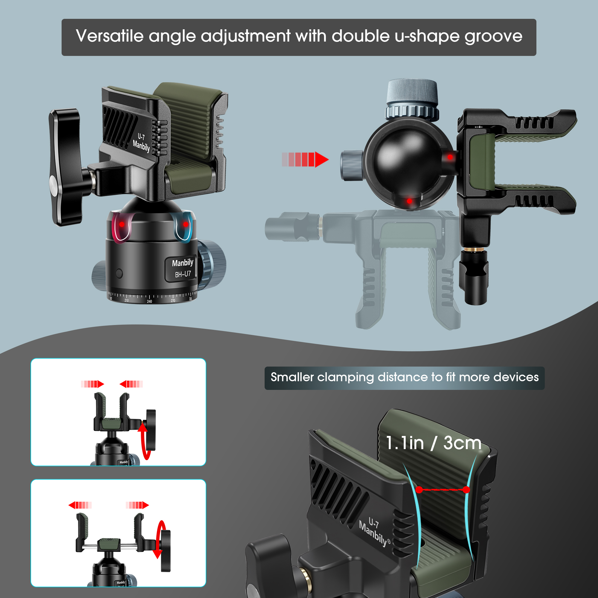 Manbily Professional Aluminum Gun Silicone Clamp Double Lock Ball Head for Hunting Tripod Mount Shooting Stick Rest BH-U7