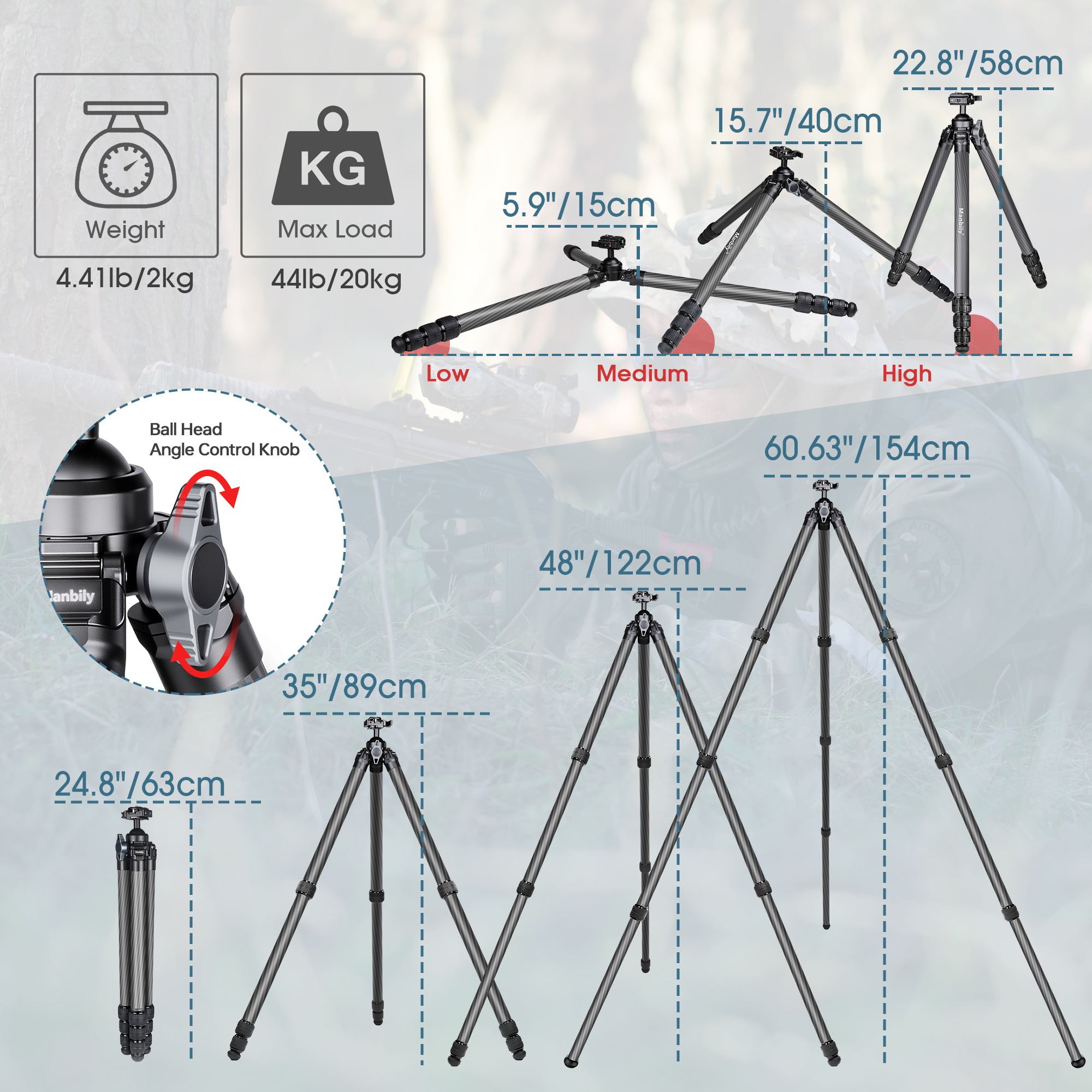 Manbily TS-364PA Shooting Tripod for Hunting Outdoor Shooting Carbon Fiber
