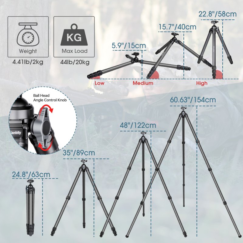 Manbily TS-364PA Shooting Tripod for Hunting Outdoor Shooting Carbon Fiber