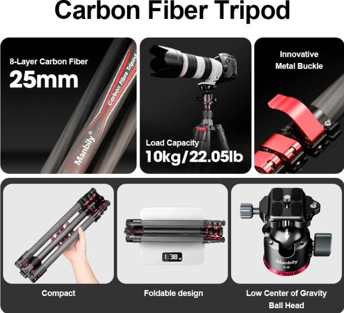 Manbily Camera Carbon fiber Travel Lightweight Tripod PH-20 with Ball Head, Quick Deploy Design with Metal Lever Locks