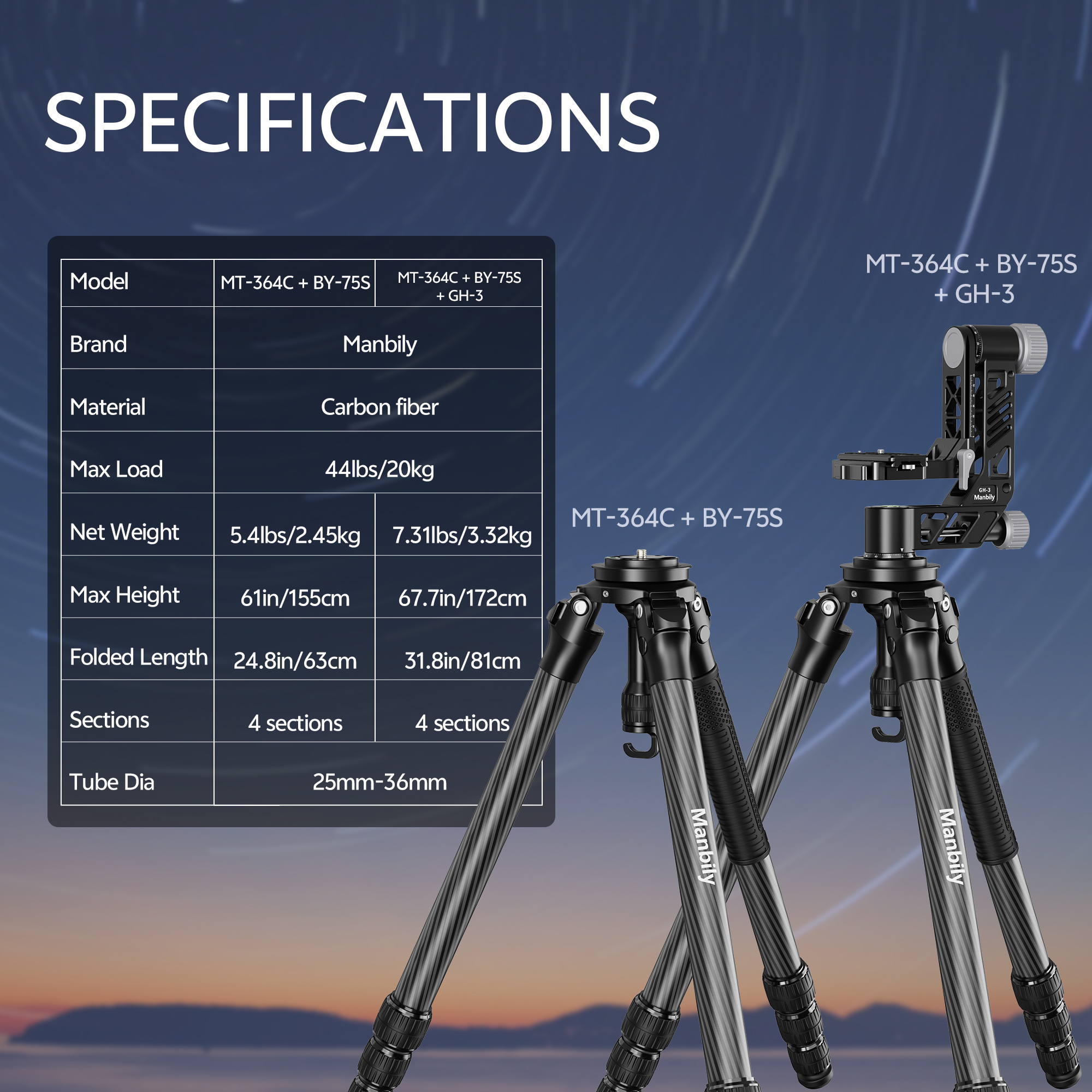 Manbily MT-364 Carbon Fiber Hunting Tripod Heavy Duty hunting outdoor tripod