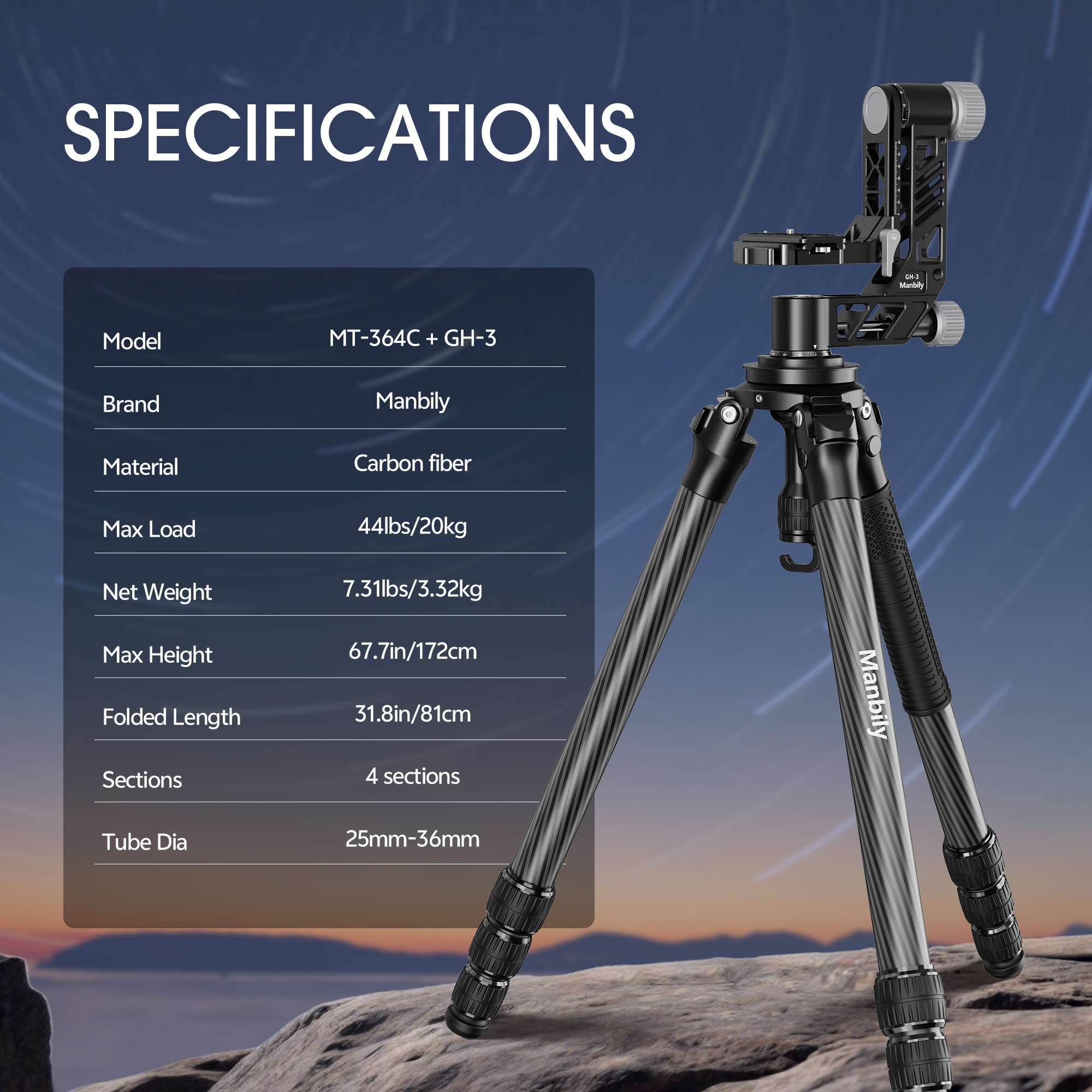 Manbily MT-364 Carbon Fiber Hunting Tripod Heavy Duty hunting outdoor tripod