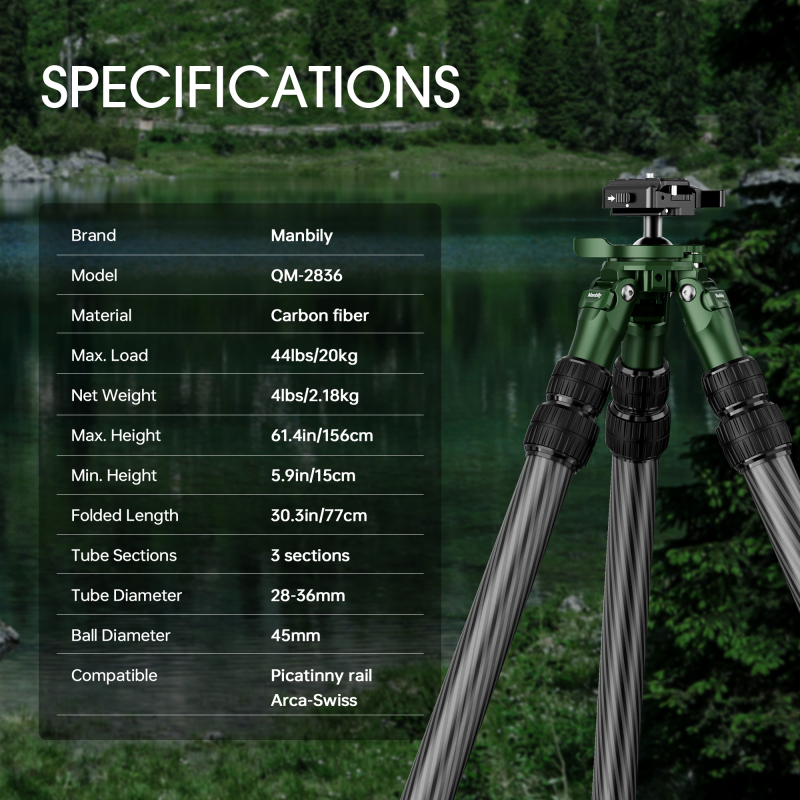 Manbily QM-2836 Shooting Tripod for Hunting Shooting Carbon Fiber High Tripod