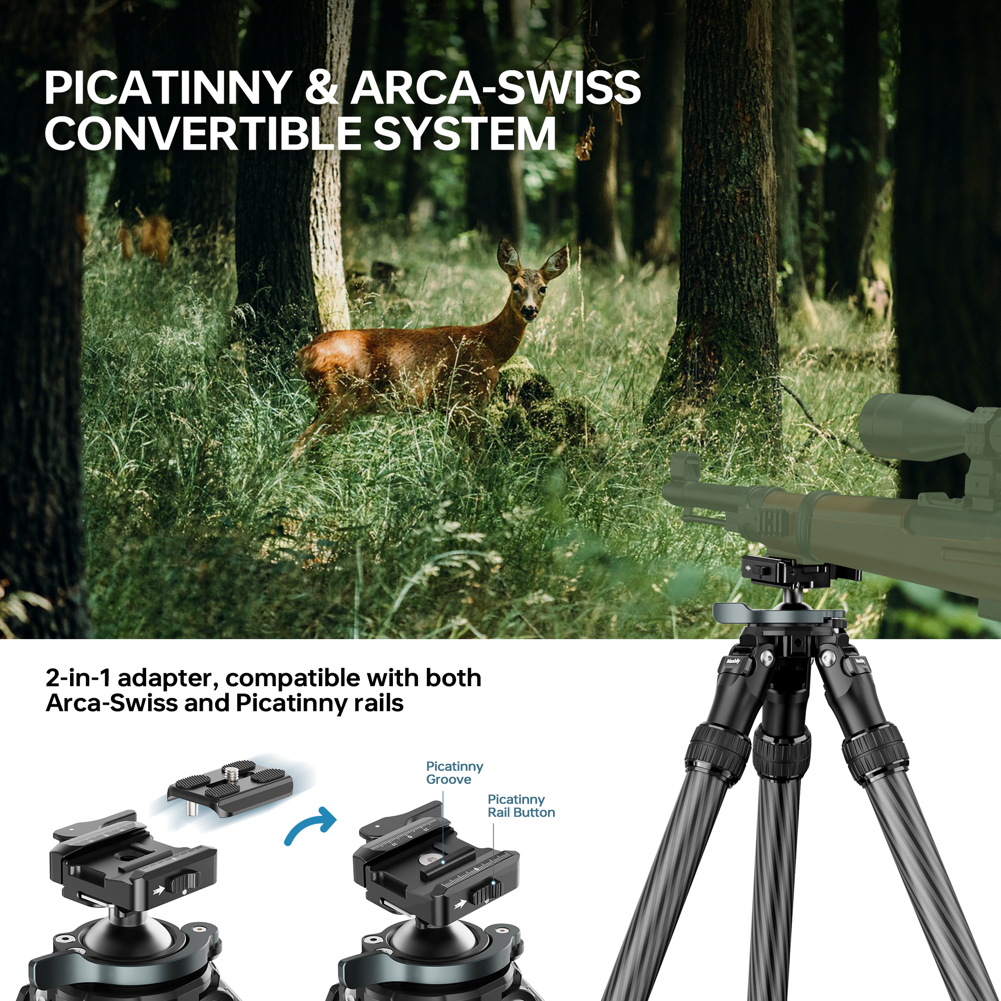 Manbily Newest QM-2832 Shooting Black Tripod for Hunting Shooting Carbon Fiber Quick stand