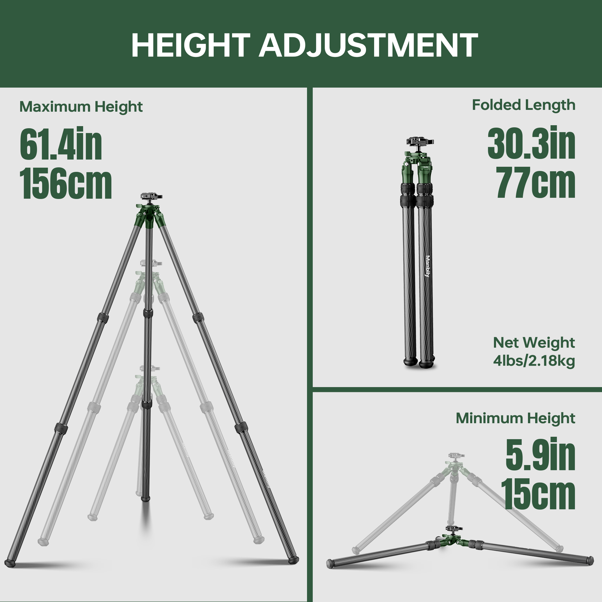 Manbily QM-2836 Shooting Tripod for Hunting Shooting Carbon Fiber High Tripod