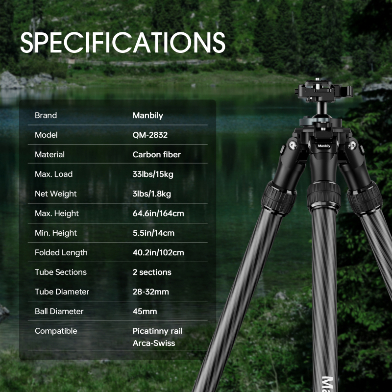 Manbily Newest QM-2832 Shooting Black Tripod for Hunting Shooting Carbon Fiber Quick stand
