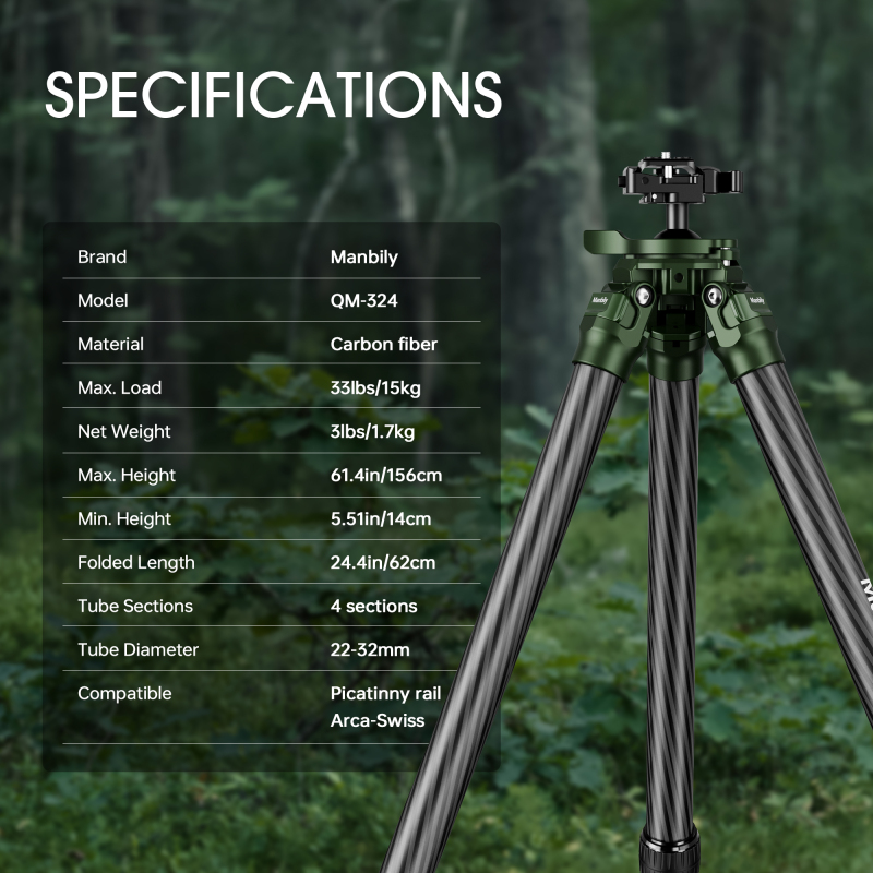 Manbily QM-324 Carbon Fiber Tripod professonal for hunting
