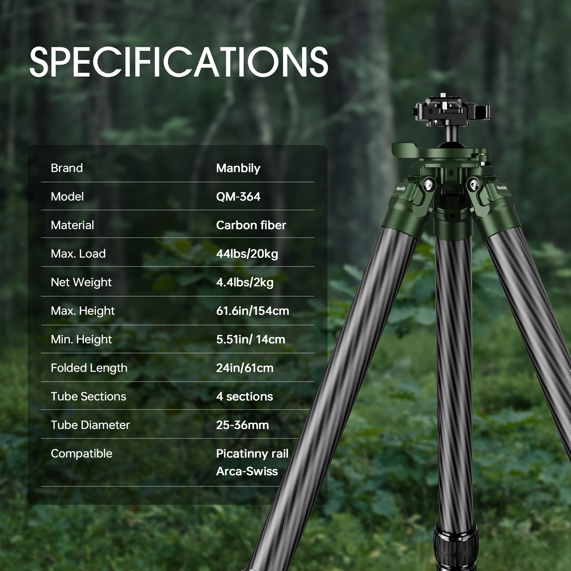 Manbily QM-364 Carbon Fiber Tripod professonal for hunting