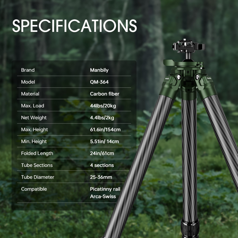 Manbily QM-364 Carbon Fiber Tripod professonal for hunting
