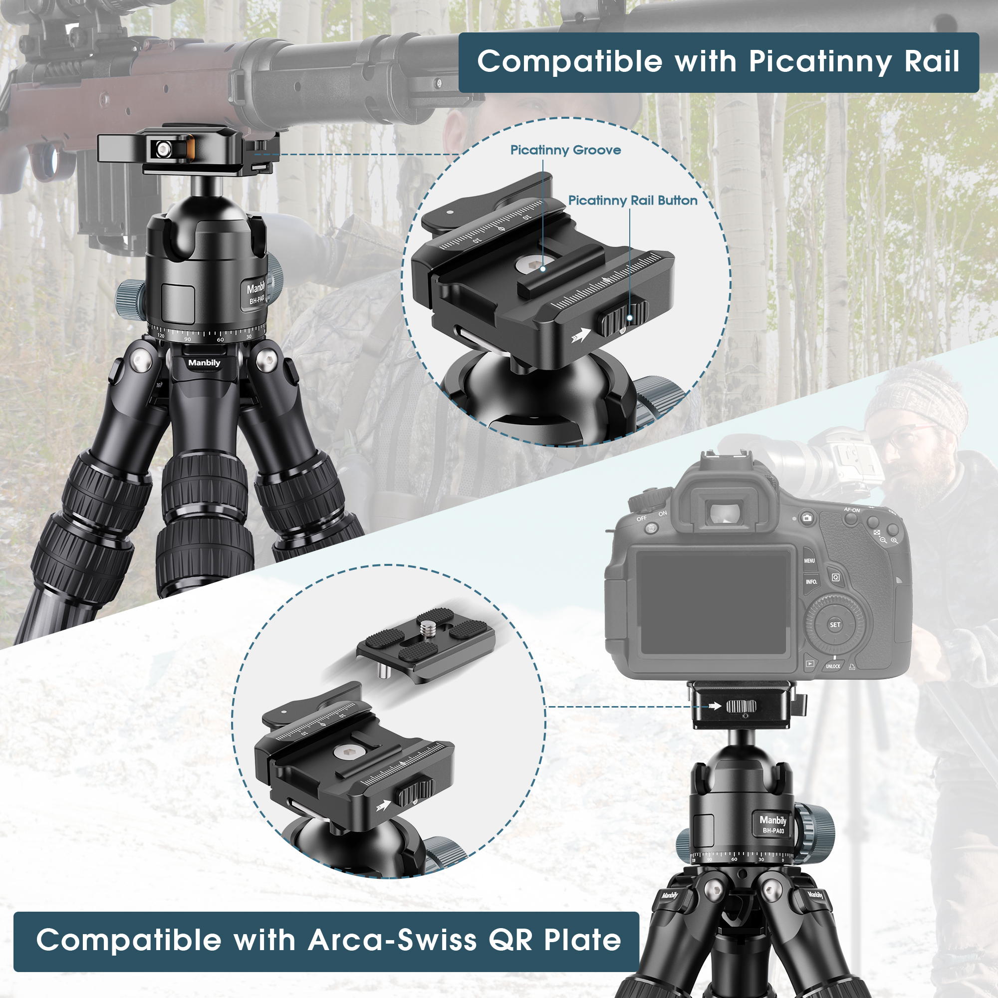 Manbily WZ-2836 Carbon Fiber Hunting Tripod Ball Head and