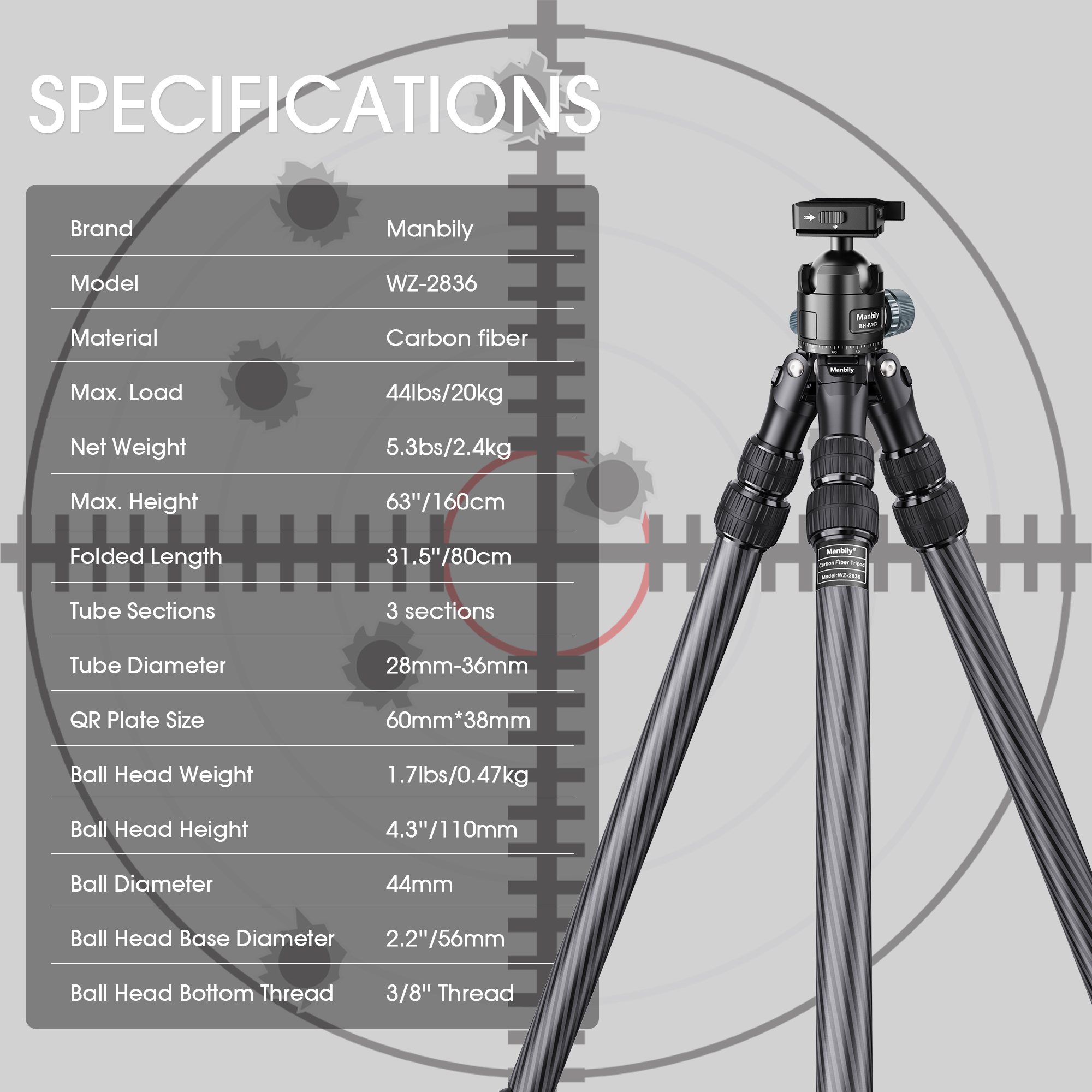Manbily WZ-2836 Carbon Fiber Hunting Tripod Ball Head and