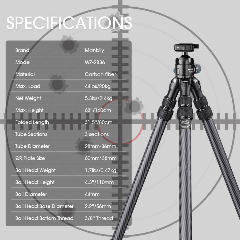 Manbily WZ-2836 Carbon Fiber Hunting Tripod Ball Head and