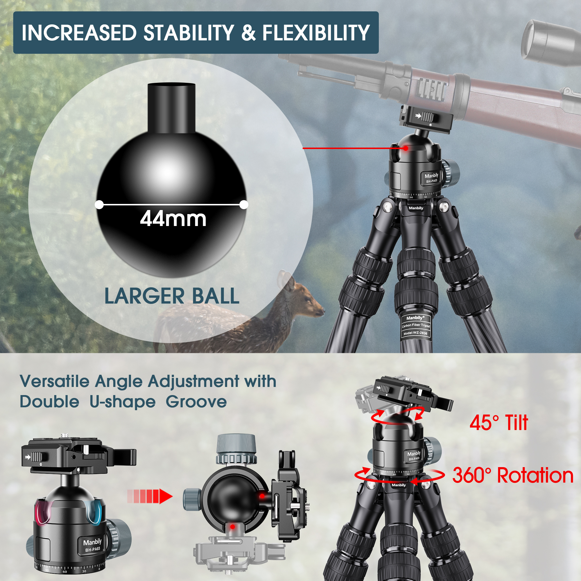 Manbily WZ-2836 Carbon Fiber Hunting Tripod Ball Head and