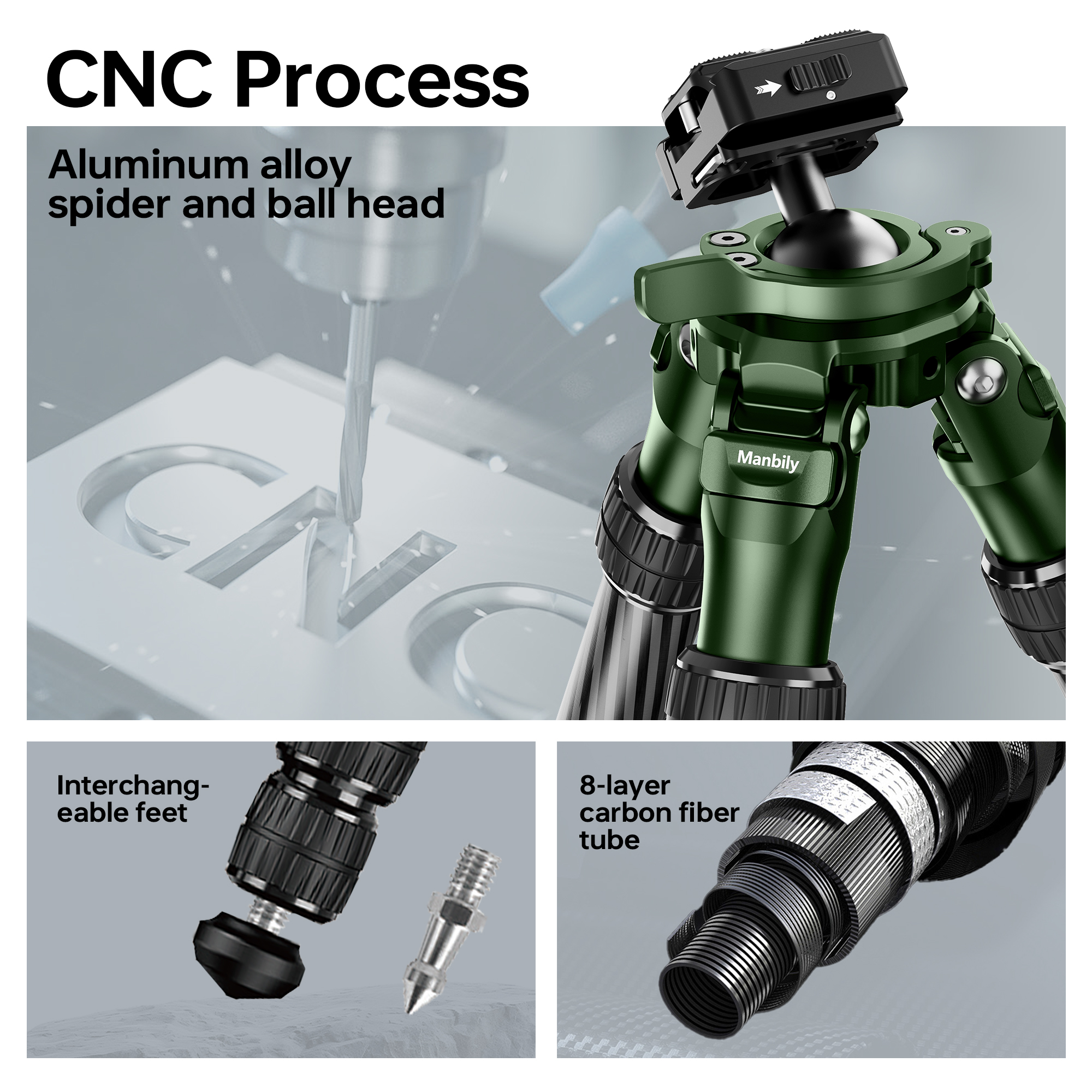 Manbily QM-2832 Shooting Green Tripod for Hunting Shooting Carbon Fiber High Tripod