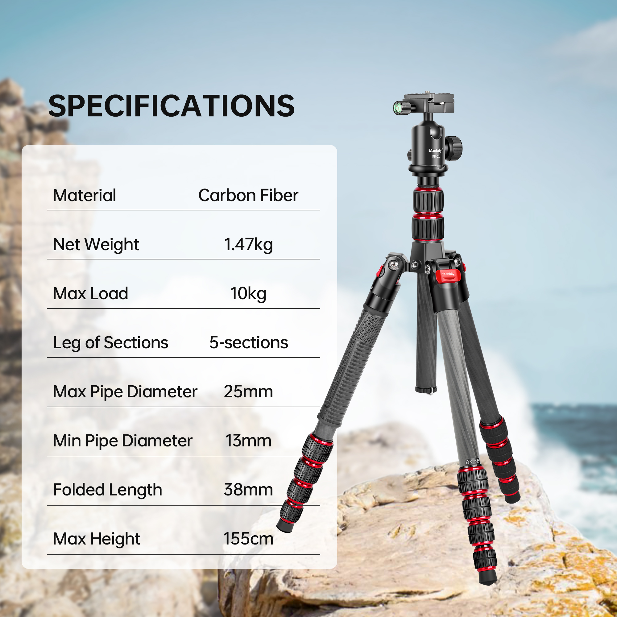Manbily MC-255 PhotographyTripod for Camera Photography Tripod Carbon Fiber High Tripod