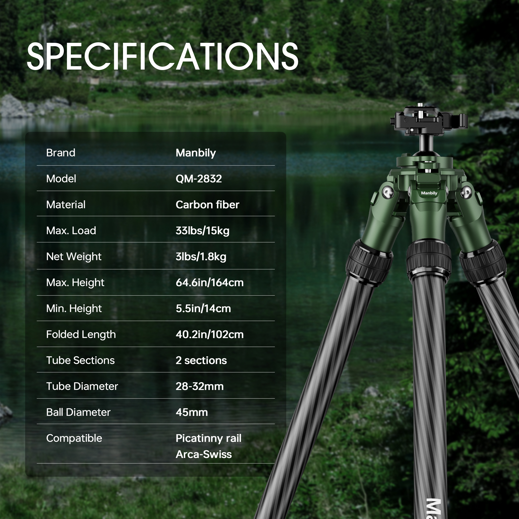 Manbily QM-2832 Shooting Green Tripod for Hunting Shooting Carbon Fiber High Tripod