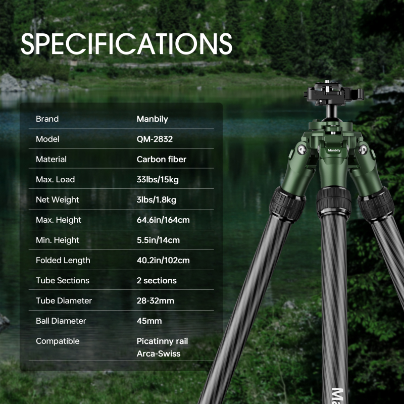 Manbily QM-2832 Shooting Green Tripod for Hunting Shooting Carbon Fiber High Tripod