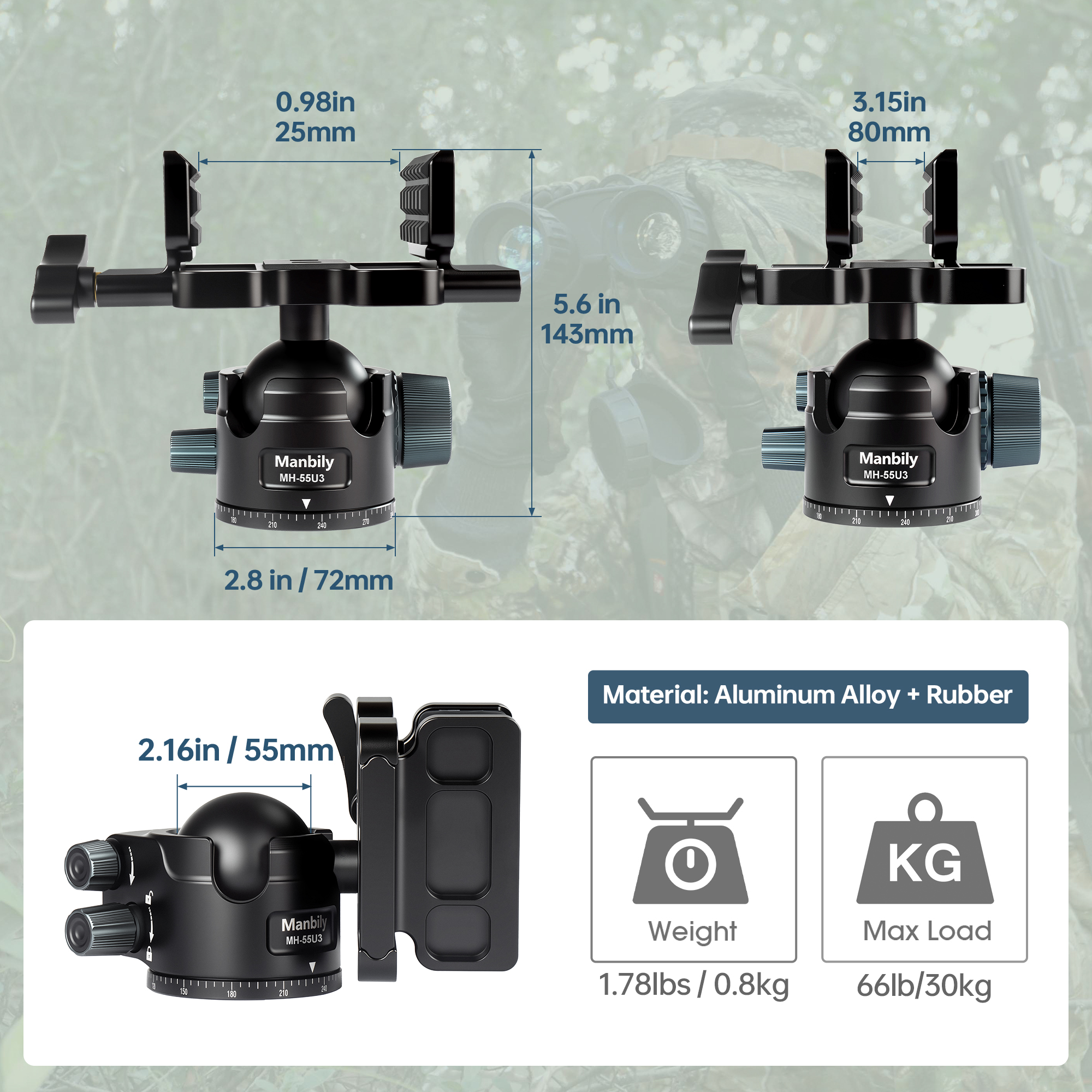 Manbily MH-55 U-3 Ballhead Clamp Saddle Hunting Head for Shooting Stick Tripods Monopod