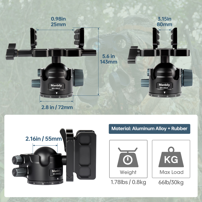 Manbily MH-55 U-3 Ballhead Clamp Saddle Hunting Head for Shooting Stick Tripods Monopod
