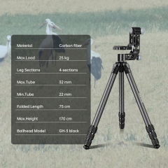 Manbily WZ-324 + GH-3 Photographic Tripod for Hunting Wildlife Carbon Fiber High Tripod Manbily Tripod for Hunting Wildlife Carbon Fiber